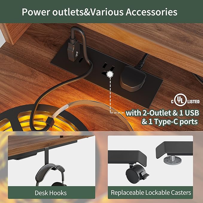 FEZIBO 63x49 L Shaped Standing Desk with Arc LED &amp Power Outlet Electric Height Adjustable L Shaped Desk with Monitor Stand for Gaming Office Black Walnut（2 Packages）
