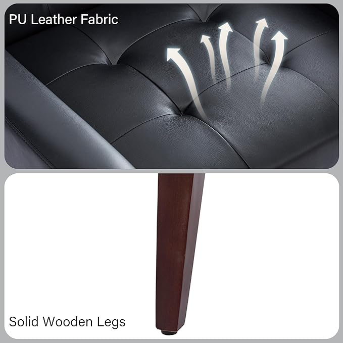 Accent Chair Comfy Mid Century Modern Small Armchairs with Solid Wood Frame and Soft Cushion for Living Room Bedroom (Faux Leather Black Set of 1)