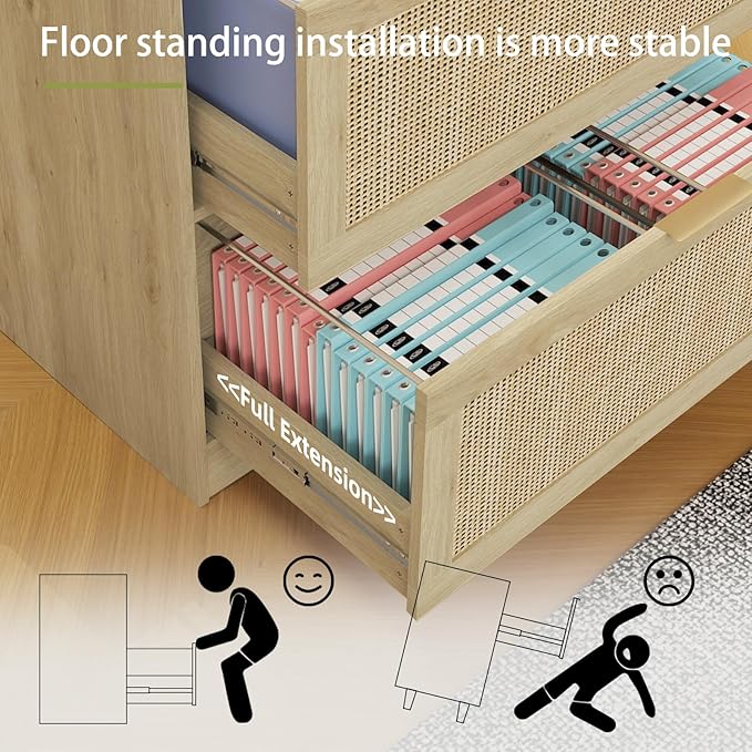 HOPUBUY 2 Drawer File Cabinet with Lock Printer Stand Lateral Filing Cabinets for Home Office and School Wood Rattan File Cabinet for Hanging Files/Letter/Legal/A4/F4 Size Oak
