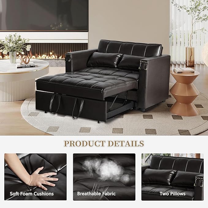 ORRD Convertible Sofa Bed 3-in-1 Multi-Functional Faux Leather Sleeper Couch Pull-Out Bed 48'' Loveseat Bed Chaise Lounge with Adjustable Backrest and Hidden Side Table for Living Room Small Space