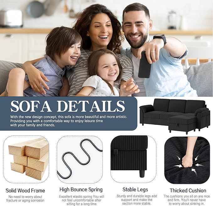Meilocar Sectional Sofa Couch for Living Room 79 Sectional Couches with Ottoman L Shaped Couch with Armrests Side Storage Pockage 3-Seat Sofa Couches for Apartment Black