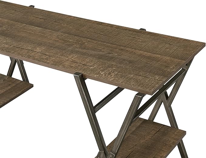 24/7 Shop at Home Hoyte Farmhouse 2 Shelves Metal Writing Desk with USB Port Power Outlet for Workstation Home Office Study Room Rustic Brown and Gun Metal