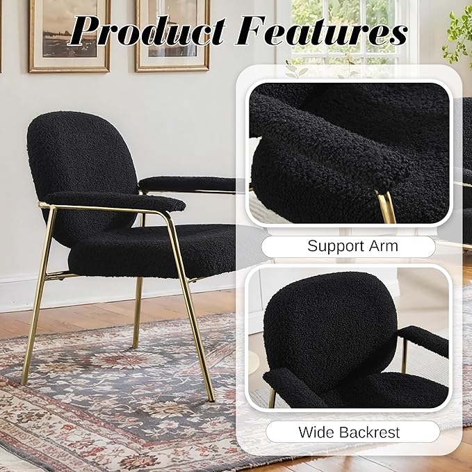 Accent Chair Set of 4 Sherpa Upholstered Armchair Reading Side Chair Comfy Living Room Chair with Gold Metal Legs for Bedroom Waiting Room Black