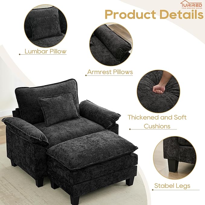 URRED Modular Sectional Sofa Comfy Cloud Couch Modern Chenille Sofa Sleeper Deep Seat Couches with Ottoman/Pillows for Living Room (Black 53''- Ottoman)