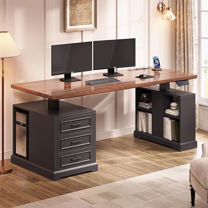 SEDETA Farmhouse Electric Standing Desk 63 Height Adjustable Computer Desk with 3 Drawers Storage Shelves Power Outlets Wood Home Office Stand up Desk for Work Study Writing Black
