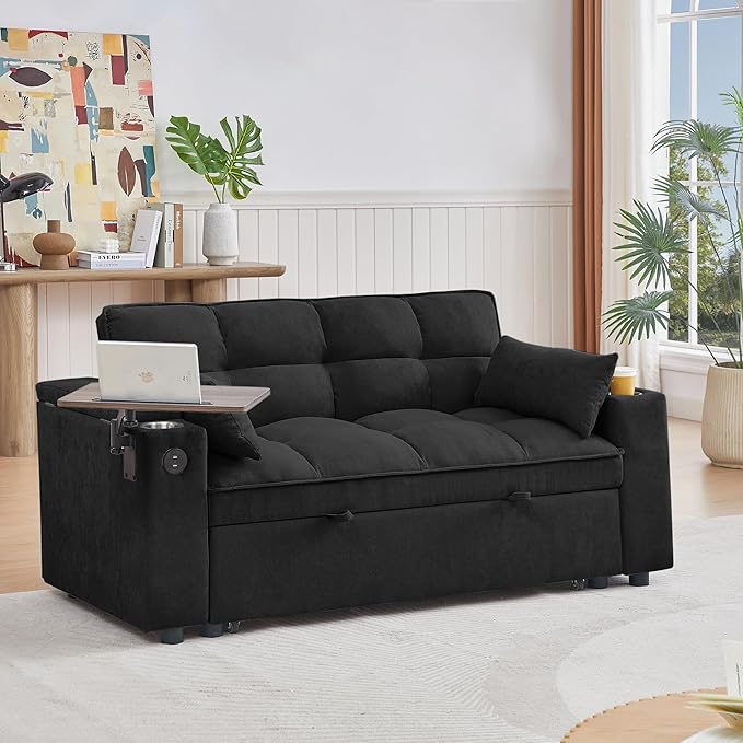 65'' Convertible Sleeper Sofa Bed with Adjustable Backrest Chaise Lounge Side Table &amp USB/Type-C Ports – Stylish &amp Functional Addition to Any Living Room (Black)