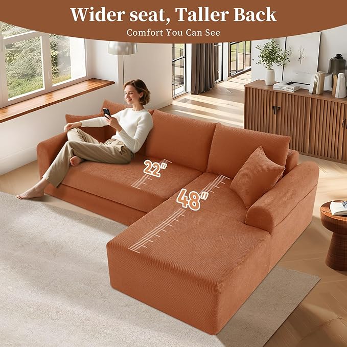 KBQ Modular Sectional Couch in a Box 103 L Shaped Boneless Cloud Couch with Deep Seat Convertible Sofa Bed for Living Room Bedroom Apartments No Assembly Required Orange Right Facing Chaise