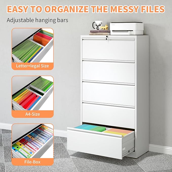 5 Drawer Small File Cabinet with Lock Locking Filing Cabinet for Home Office Under Desk Storage Cabinet Organizer with DrawersWhite
