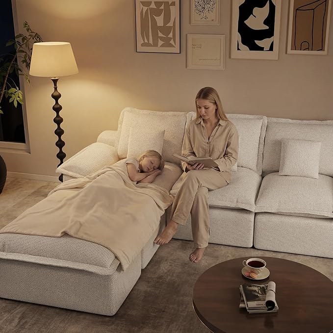 Modular Sectional Sofa 107'' Boneless Couches for Living Room 5-Seat Sofa with 2 Ottomans Cloud U Shaped Couch No Assembly Required Chenille Beige
