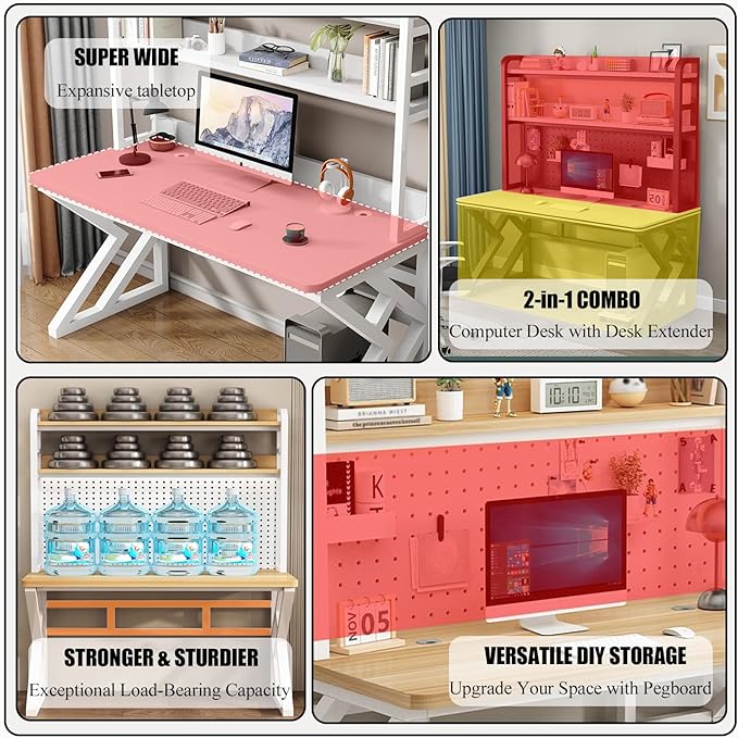 Gaming Desk with Pegboard and Storage Shelves Computer Desk with Home Office Design Modern Office Desk with Spacious Computer Workspace for Home Office and Gaming Setup (Brown 47.2 in)