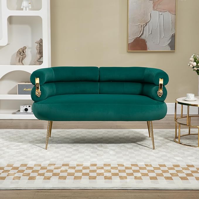 50”Velvet Accent Chair Loveseat SofaMid Century Modern Accent Arm Chair with Golden feetComfy Upholstered Leisure Couch with Wooden Framefor Living RoomBedroomApartment (Green)