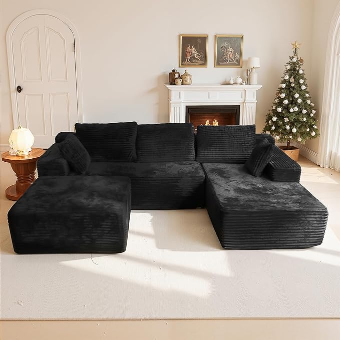 106'' Modular Sectional Sofa U Shaped Boneless Cloud Couch with Chaise and Ottoman 4-in-1 Flexible Combination Faux Rabbit Fur &amp Layered Cushion Deep Seat for Living Room No Assembly Black