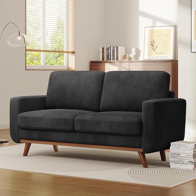 Vesgantti 68 Loveseat Sofa Black Comfy Corduroy Couch with Spring Cushion and Solid Wood Modern Extra Deep Seat for Bedroom Living Room Office