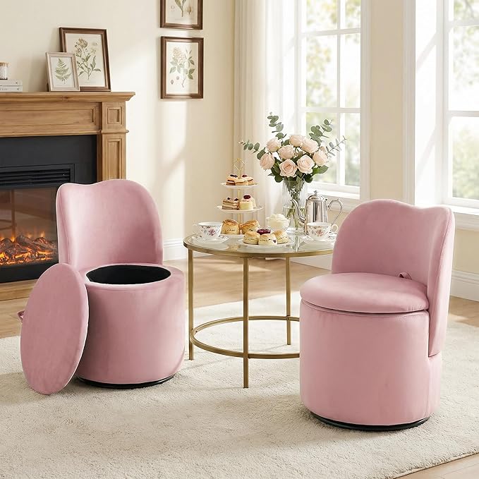 Velvet Vanity Chair with Storage 360° Swivel Makeup Chair with Back Modern Swivel Accent Stool Barrel Chair Upholstered Ottoman Vanity Stool with Back for Bedroom Dressing Living Room Pink