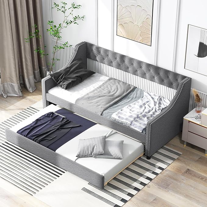 KOMFOTT Upholstered Twin Daybed with Trundle Sofa Daybed with Backrest &amp Armrests Space-Saving Daybed Trundle Bed Frame for Bedroom Guest Room &amp Dorm No Box Spring Needed (Grey)