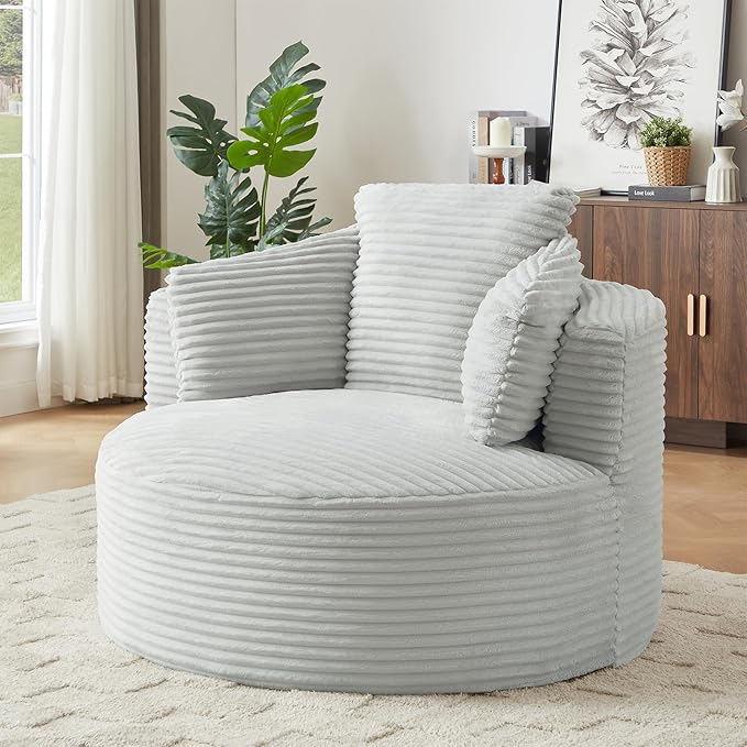 Oversized Round Chair 48W Corduroy Comfy Circle Armchair with Deep Seat &amp 3 Pillows Upholstered Floor Boneless Chair Fluffy Modern Cozy Sofa Chairs for Living Room Bedroom Apartment(Light Gr