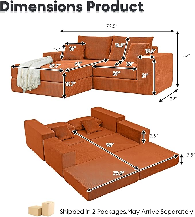 Modular Cloud Sectional Sofa Couch for Living Room Comfy Corduroy Sleeper Sofa Bed with Reversible Chaise Modern L-Shaped Sleeper Couch Bed with Deep Seat Orange