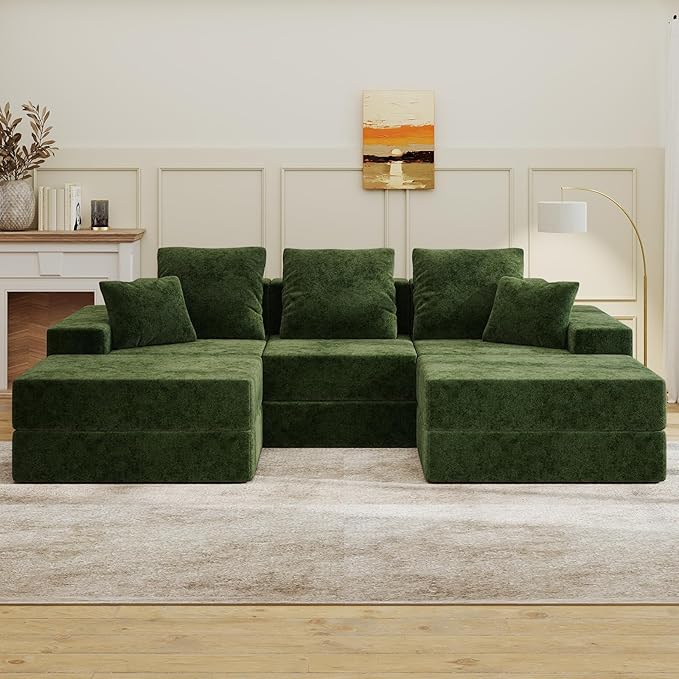 Living&ampGiving 101 U-Shaped Cloud Sectional Couch for Living Room Cloud Boneless Couch-No Assembly with Reversible Chaise Customizable 3-Seat Modular Sectional Sofa with 2 Ottoman Green