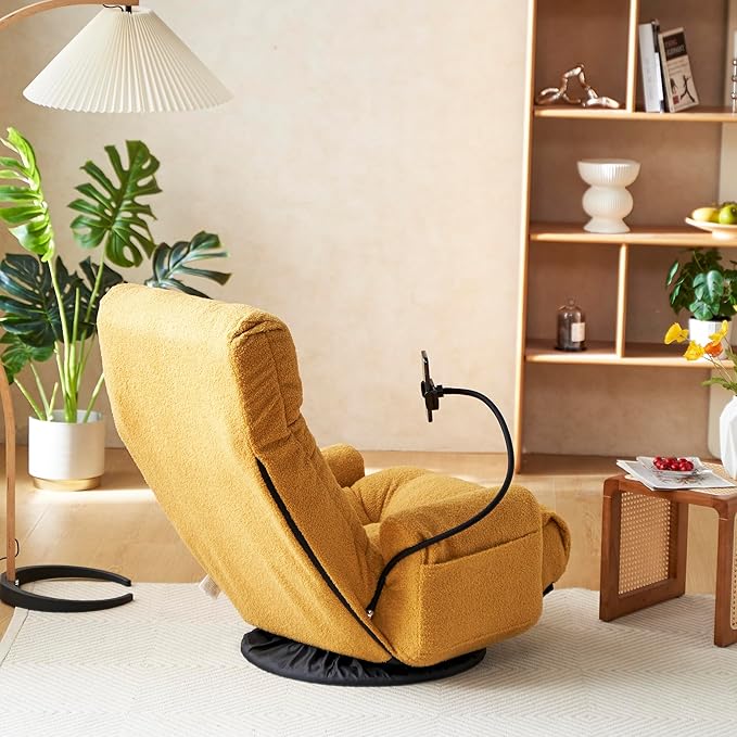 Gwen Upholstered 360° Swivel Chair Lounge Chair with Adjustable Backrest/Headrest Metal Frame Living Room Lounge Sofa and Phone Holder Comfy Bean Bag Chair Yellow
