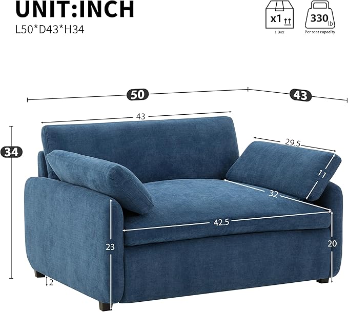 50 * 43 Oversized Single Sofa Chair Modern Chenille Upholstered Armchair Wide and Deep Seat Accent Chair with Two Throw Pillows Color Blocking Couch Lounge for Living Room (Blue/5)