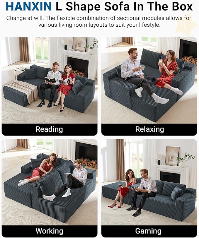 105 Inch Cloud Sectional CouchModern Modular Sectional Sofa with Deep SeatCorduroy Boneless Couches with L-Shape Chaise for Living Room BedroomNo Assembly Required (Dark Grey Left Facing Chaise)