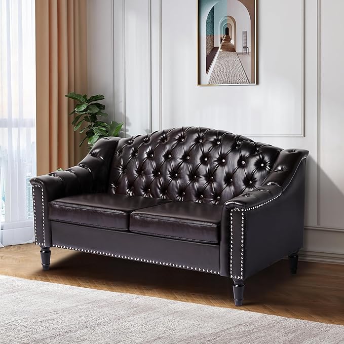 AVZEAR Chesterfield Loveseat Sofa Mid-Century Modern Upholstered PU Sofa 2 Seater Couch with Nailhead Trim and Button Tufted for Living Room Office Bedroom Brown