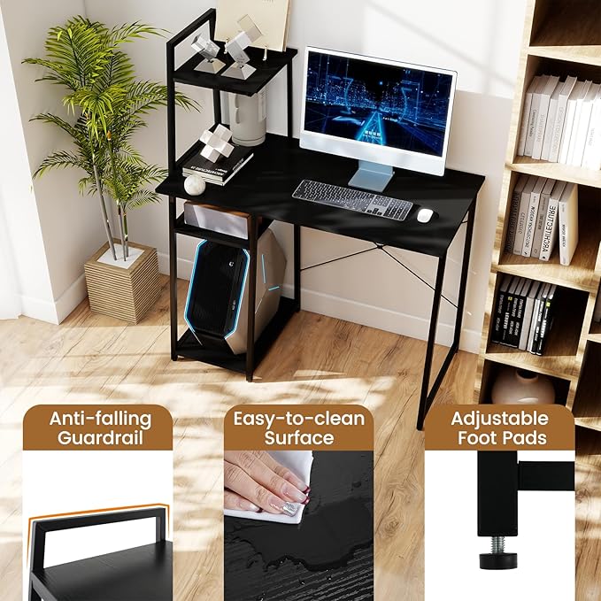 Tangkula Computer Desk with Shelves Space Saving Home Office Desk with 3-Tier Ladder Shaped Storage Bookshelf Modern Writing Study Desk with Metal Frame Compact Computer Workstation (Black)