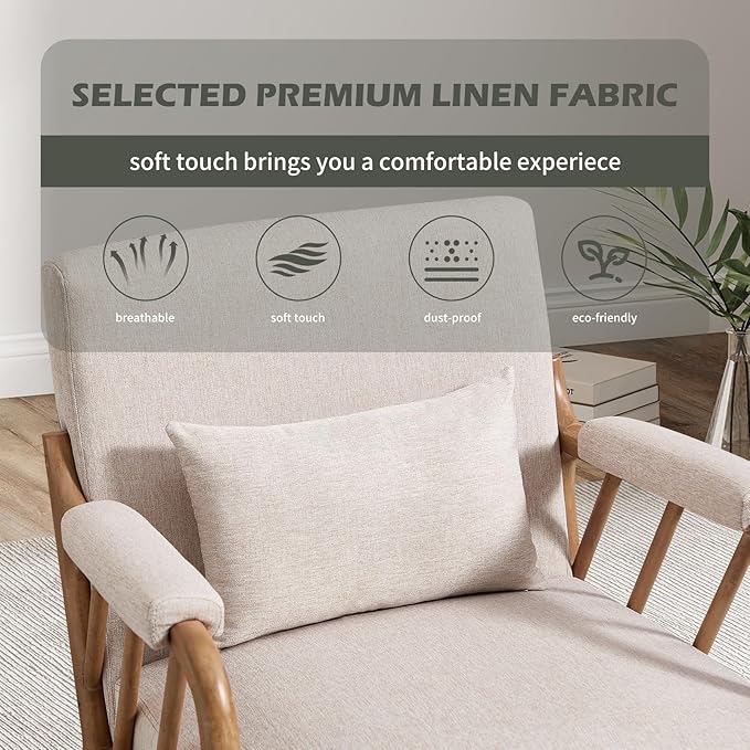 INZOY Mid Century Modern Accent Chair with Wood Frame Upholstered Reading Armchair with Soft Linen Fabric Accent Chair for Living Room Bedroom Apartment Easy Assembly Beige