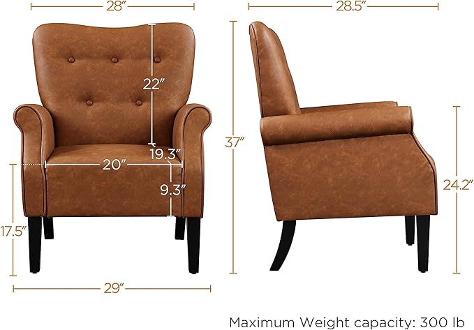 Yaheetech Modern Armchair Mid Century PU Leather Accent Chair with Sturdy Wood Legs and High Back for Small Space Upholstered Club Sofa for Living Room/Bedroom Set of 2 Retro Brown