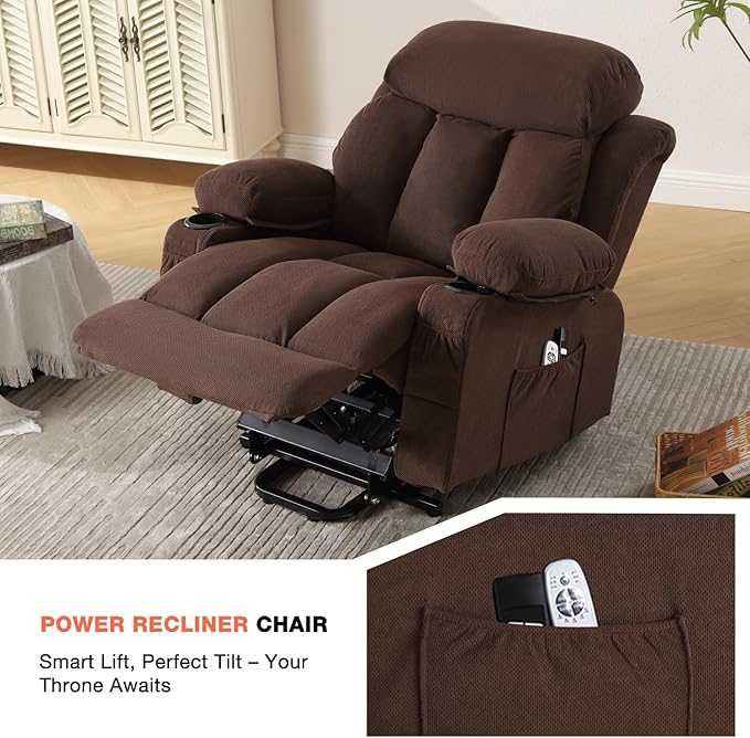 Power Lift Recliner Chair for Elderly with Vibration Massage and Lumbar Heating Electric Lift Recliner Single Sofa with Side Pocket Two Cup Holders and USB Charge Port for Living Room