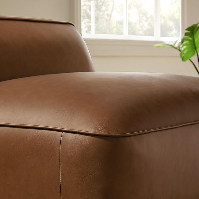 Modway Auren Vegan Leather Modular Armless Chair in Coffee - Faux Leather Slipper Chair - Mid Century Modern Single Sofa Chair - Oversized PU Leather Accent Chair for Living Room Apartment