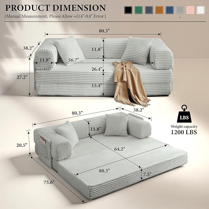 Boneless Couch Folding Couches for Living Room Sofa Futon Sofa Bed with Sleeper Sofa Futon Couch with Fixed-Shape Oversized Corduroy Upholstered (Light Grey 81 Inches)