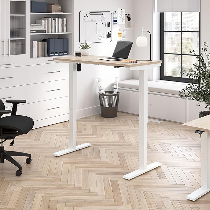 Bush Business Furniture 48-inch Electric Height Adjustable Standing Desk Ergonomic Sit-Stand Computer Table for Home and Professional Office Move 40 Series Natural Elm with White Base