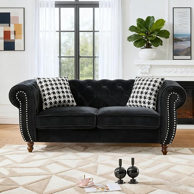 Loveseat Velvet Fabric Two- Seater Couch Buckle Design and Rivet Decoration Deep Seated Double Sofa Suitable for Living Room Bedroom Apartment Hotel etc (black-04)