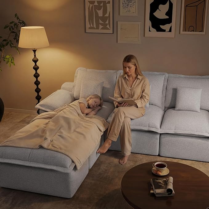 Modular Sectional Sofa 107'' Boneless Couches for Living Room 5-Seat Sofa with 2 Ottomans Cloud U Shaped Couch No Assembly Required Chenille Grey