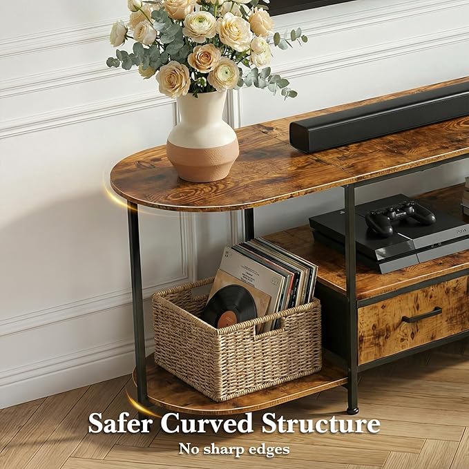 63 TV Stand for TVs up to 75 Inches Curved Edge Media Console &amp Entertainment Center with 2 Fabric Drawers Modern TV Console Table for Living Room or Bedroom Rustic Brown