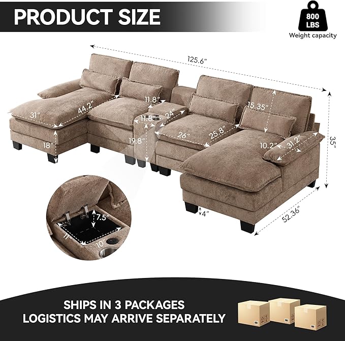 125 U Shaped Modular Sectional Cloud Sofa Small Sherpa Upholstered Double Chaise Living Room Couch Storage Central Console Cup Holders USB Port Camel