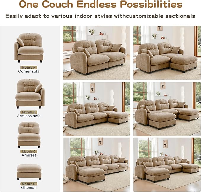 Cloud Couches for Living Room Modular Sectional Sofa 140 L-Shape Modular Couch with Movable Ottoman Oversized Sectional Couch with Deep Seat Camel