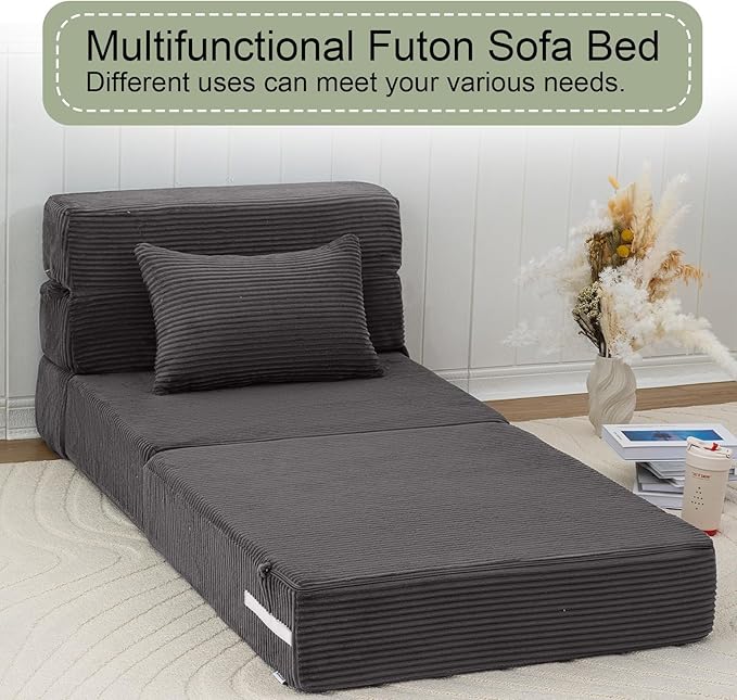 MeMoreCool Boneless Folding Chair Bed – Dark Grey Corduroy Single Sleeper Sofa 4-in-1 Convertible Futon Couch with Pillow Compact Fold-Out Floor Mattress with Washable Cover for Bedroom Guest Room