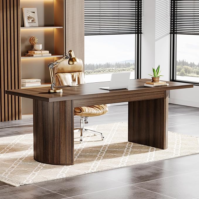 Tribesigns 78.74 Executive Desk Large Farmhouse Computer Office Desk with Double Pedestal Wooden Study Writing Table Workstation Conference Table for Home Office Walnut (Brown)