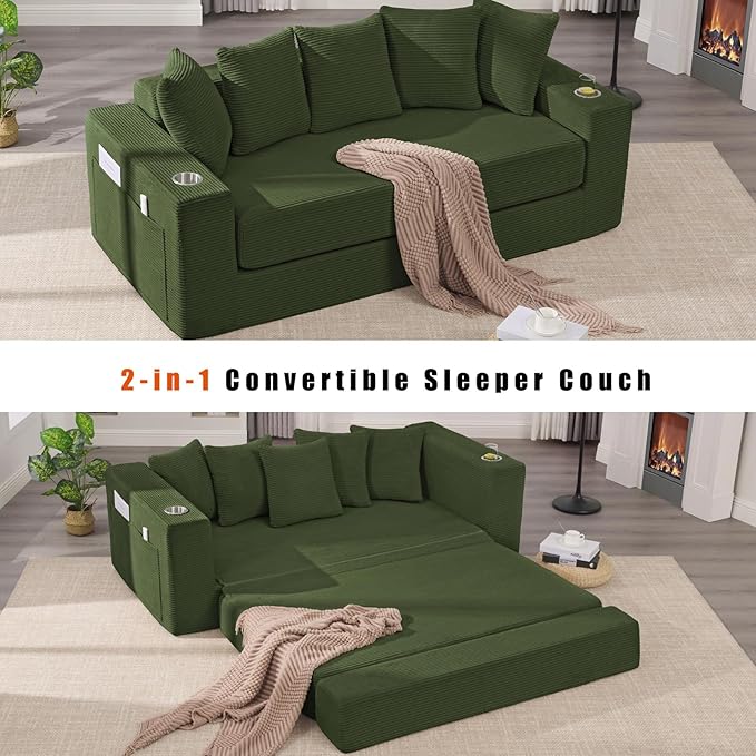 Anwick 2-in-1 Convertible Sleeper Sofa Bed Corduroy Boneless Loveseat Cloud Couch for Living Room Compressed Sofa in a Box 5 Pillows Fixed Frames Side Pockets &amp Cup Holders No Assembly (Gree