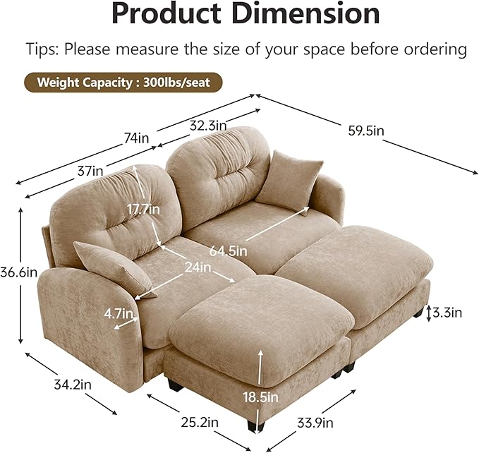 mikibama 74 Chenille Loveseat with OttomansModern Modular Sectional 2 Seater Cloud Sofa Couch with Deep SeatDouble Chaise Lounge Chairs with Curved Arms for Living RoomSmall Spaces(Camel2S+2O)
