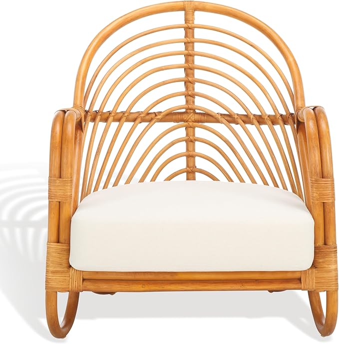 SAFAVIEH Couture Collection Ivybelle Tropical Coastal Natural Rattan/White Linen Cushion Accent Chair (Fully Assembled)