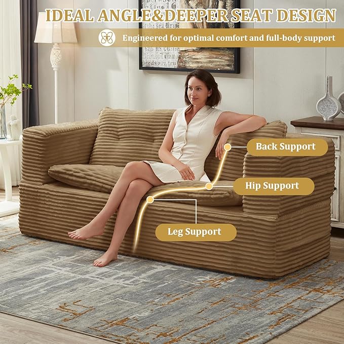 Convertible Sectional Folding Sofa Bed 80 Futon Floor Couch with Accent Chaise Modular Sleeper Loveseat Boneless Cloud Corduroy Couches for Living Room Guest Room No Assembly Required Camel