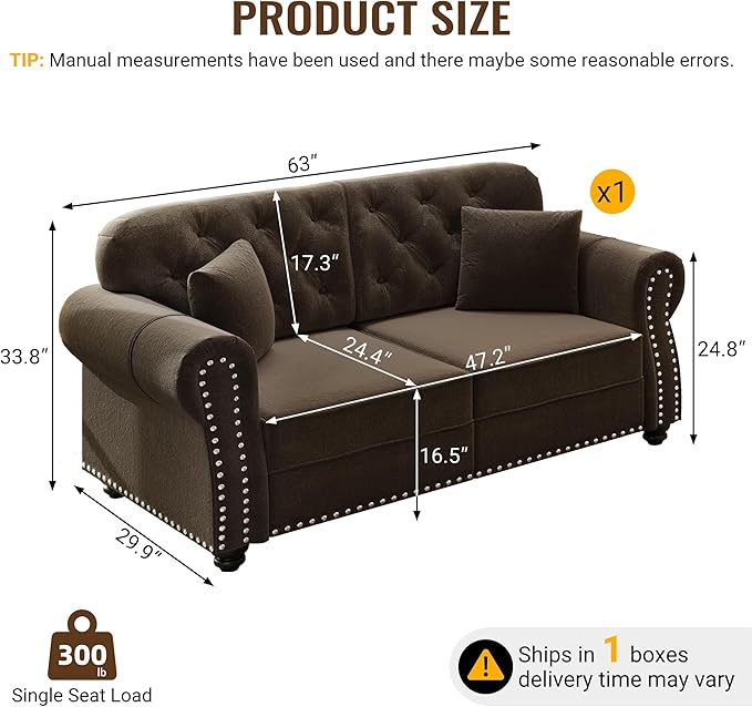 63 Deep Seat Chesterfield Loveseat Mid-Century Modern Velvet Couch with Nailhead Trim Rolled Arm and Pillows Comfy Tufted Upholstered 2 Seater Love Seat Couches for Living Room Bedroom (Brown)