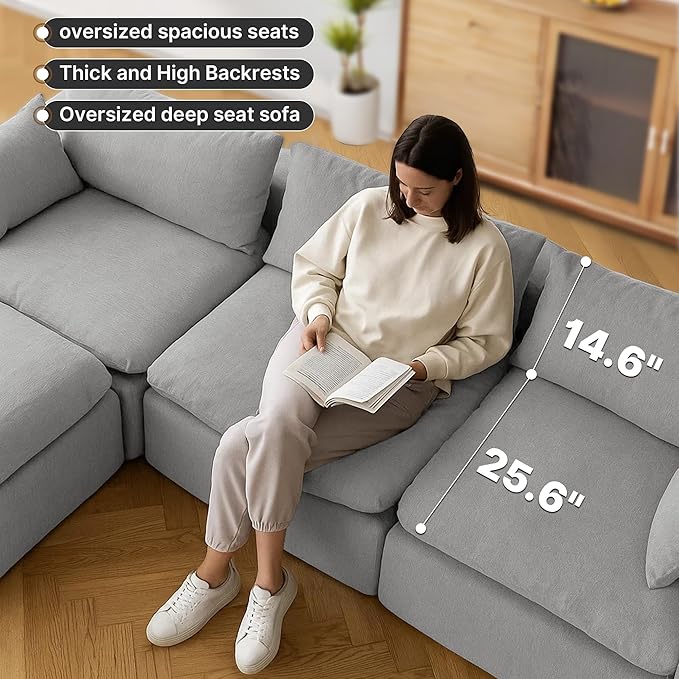 91.34 No Assembly Required Sectional Couch Modern 6-Piece Frameless Modular Sofa with Ottoman Deep Seat Cloud Couches for Living Room Oversized Chenille Comfy Sofa Gray