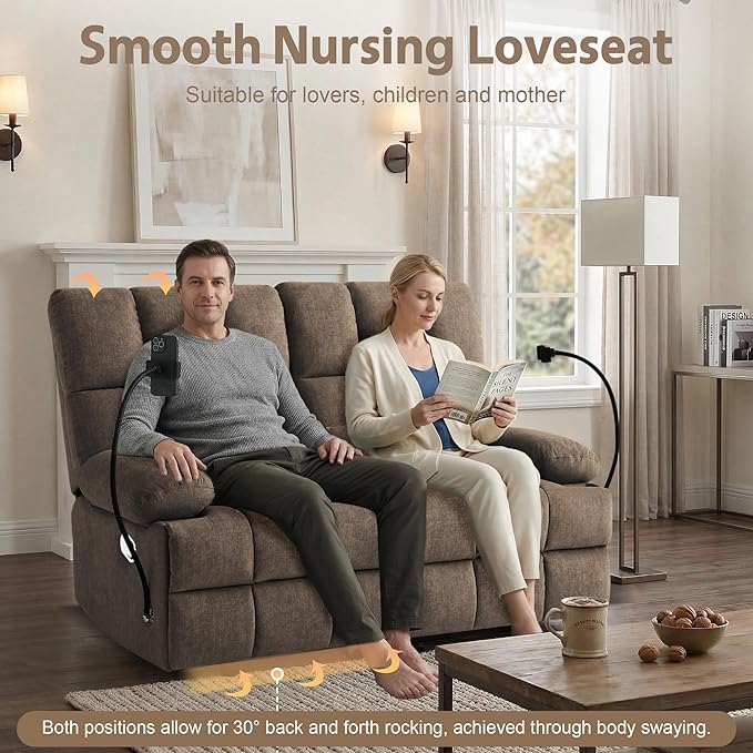 Rocker Recliner-Loveseat Recliner SofaCat-Proof Reclining Loveseat with Phone Holder RV Douber Recliner Sofa for Home TheaterLiving Room (Brown-2 Seater) | Rocker Recliner Phone Holder
