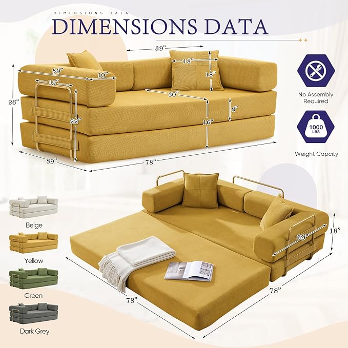 Convertible Folding Sofa Bed Corduroy Sleeper Mattress Couch with Fixed-Shape Frame Free Combination Loveseat Lounge Floor Sofa Queen Size Memory Foam Couch for Living Room Bedroom Yellow