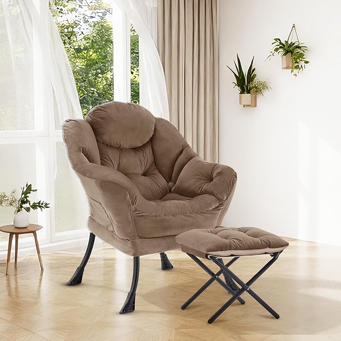 Lazy Chair with OttomanOversized Accent Chair with Thick Cushion Side PocketModern Lounge Arm Reading Chair and Folding Footrest for Living RoomBedroomOfficeDormApartment Brown