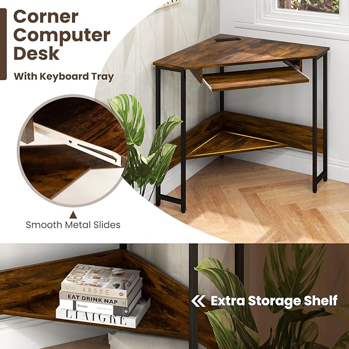 Corner Desk with Outlets &amp USB Ports Computer Desk W/Storage Shelf &amp Keyboard Tray for Small Space Industrial Small Side Table for Home Office Workstation Rustic Brown